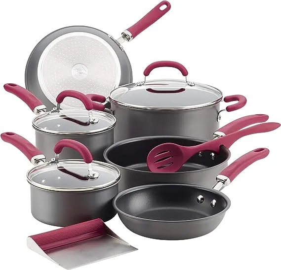 Rachael Ray Create Delicious Hard Anodized Nonstick Cookware Pots and Pans Set, 11 Piece, Burgundy Handles