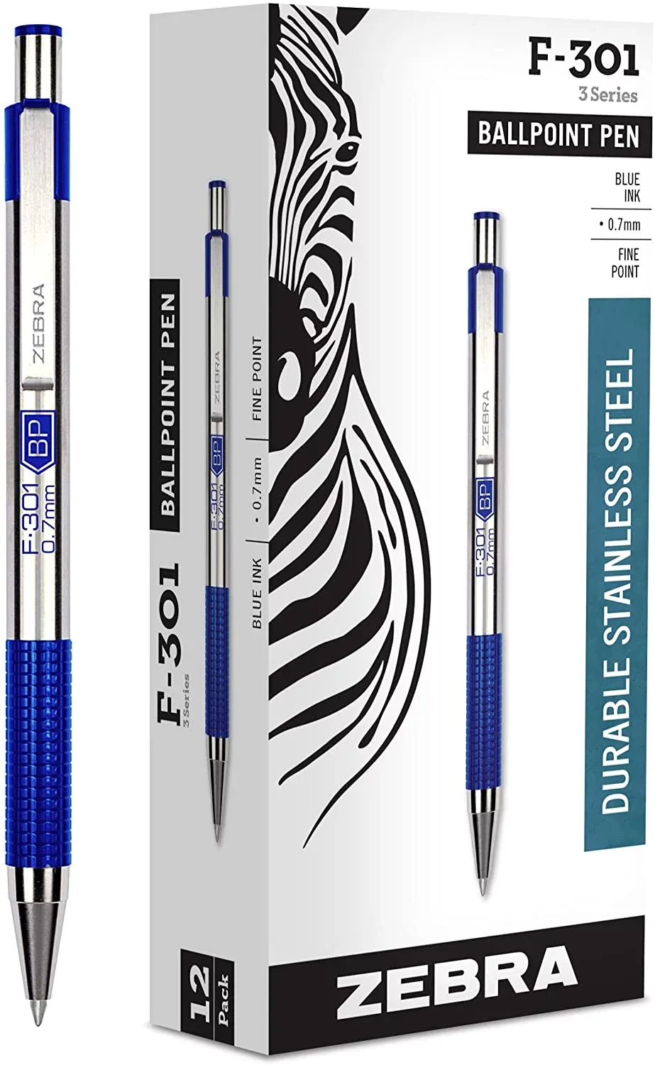 Zebra G-301 Retractable Gel Pen, Fine Point, 0.7mm, Blue Ink, 12 Count