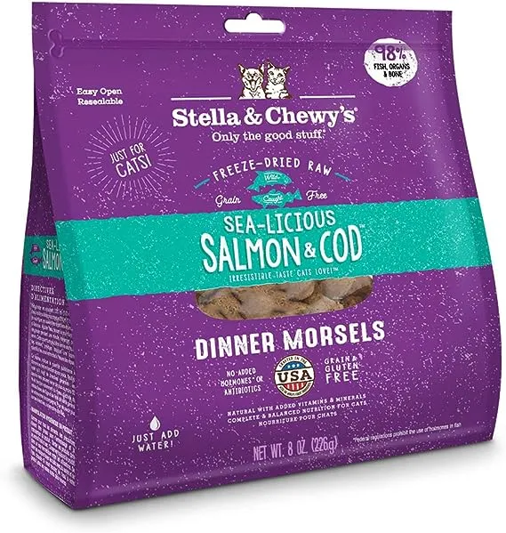 Stella & Chewy's Freeze-Dried Raw Sea-Licious Salmon & Cod Dinner Morsels Grain-Free Cat Food, 8 oz bag, Model:CAT-FDSCO-9