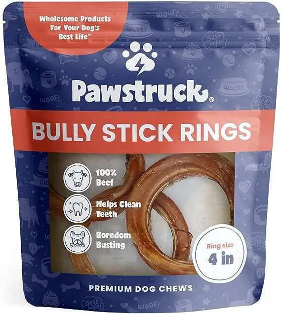 Pawstruck All Natural 4" Bully Stick Rings for Dogs, Grain Free, Low Odor, Single Ingredient, & Rawhide-Free Dental Chew Treat Bones, 100% Real Beef Fully Digestible, 3 Count