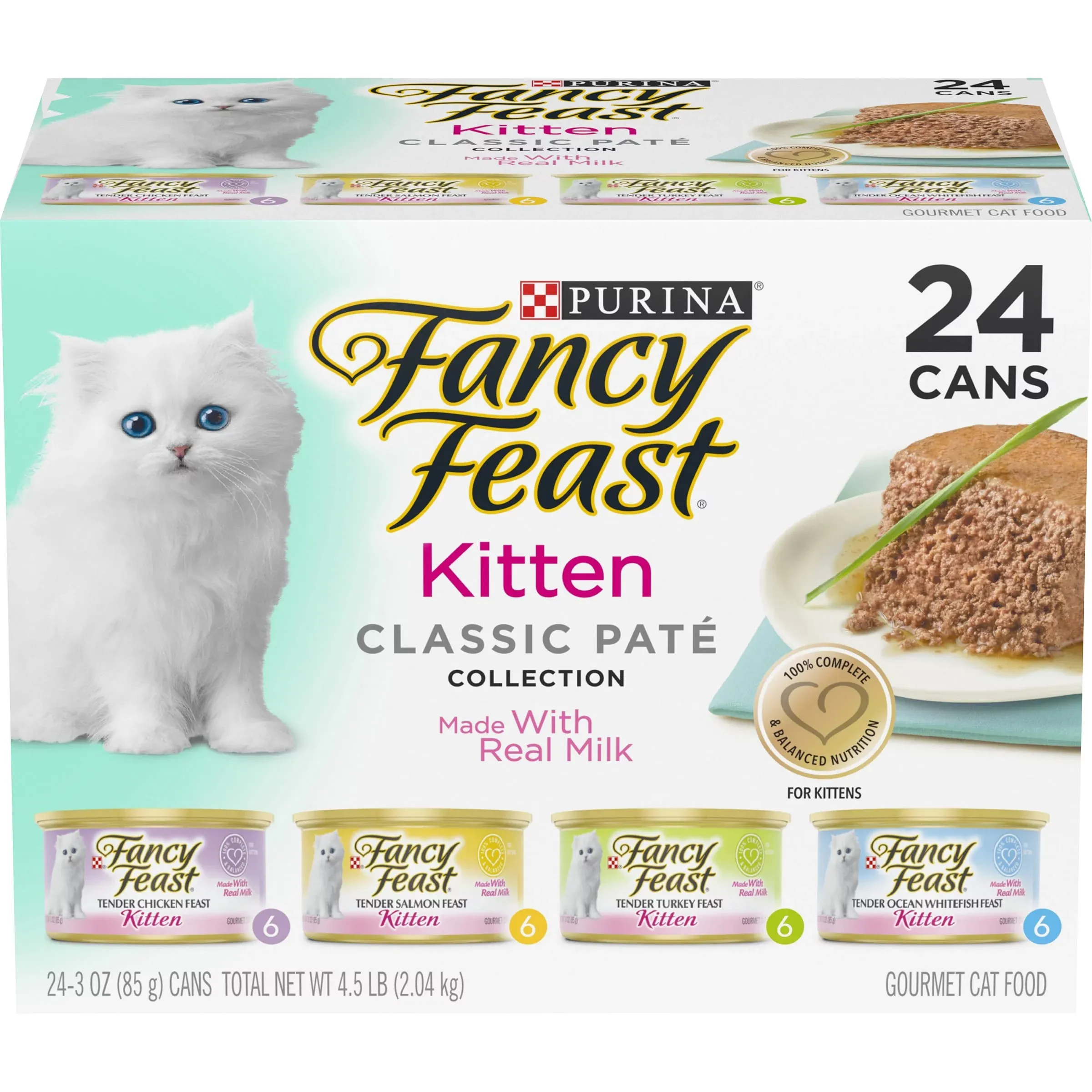 Purina Fancy Feast Grain Free Pate Wet Kitten Food Variety Pack, Kitten Classic Pate Collection, 4 Flavors - (24) 3 oz. Boxes