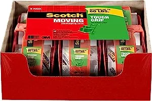 Scotch Tough Grip Moving Packaging Tape, 1.88"x 22.2 yd, Strong Hold on All Box Types Including Recycled, Secures Boxes up to 80 lbs, 1.5" Core, Clear, 6 Dispensered Rolls (150-6)