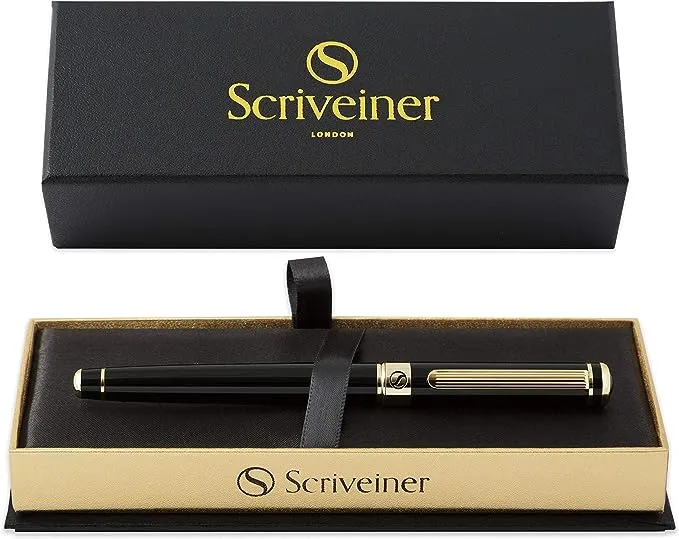 Scriveiner Kugelschreiber Midnight Blue Hochwertiger Tintenroller mit Chromveredelung, Schwarze Schmidt Ersatzmine, Geschenkbox, Professionelle Kuge