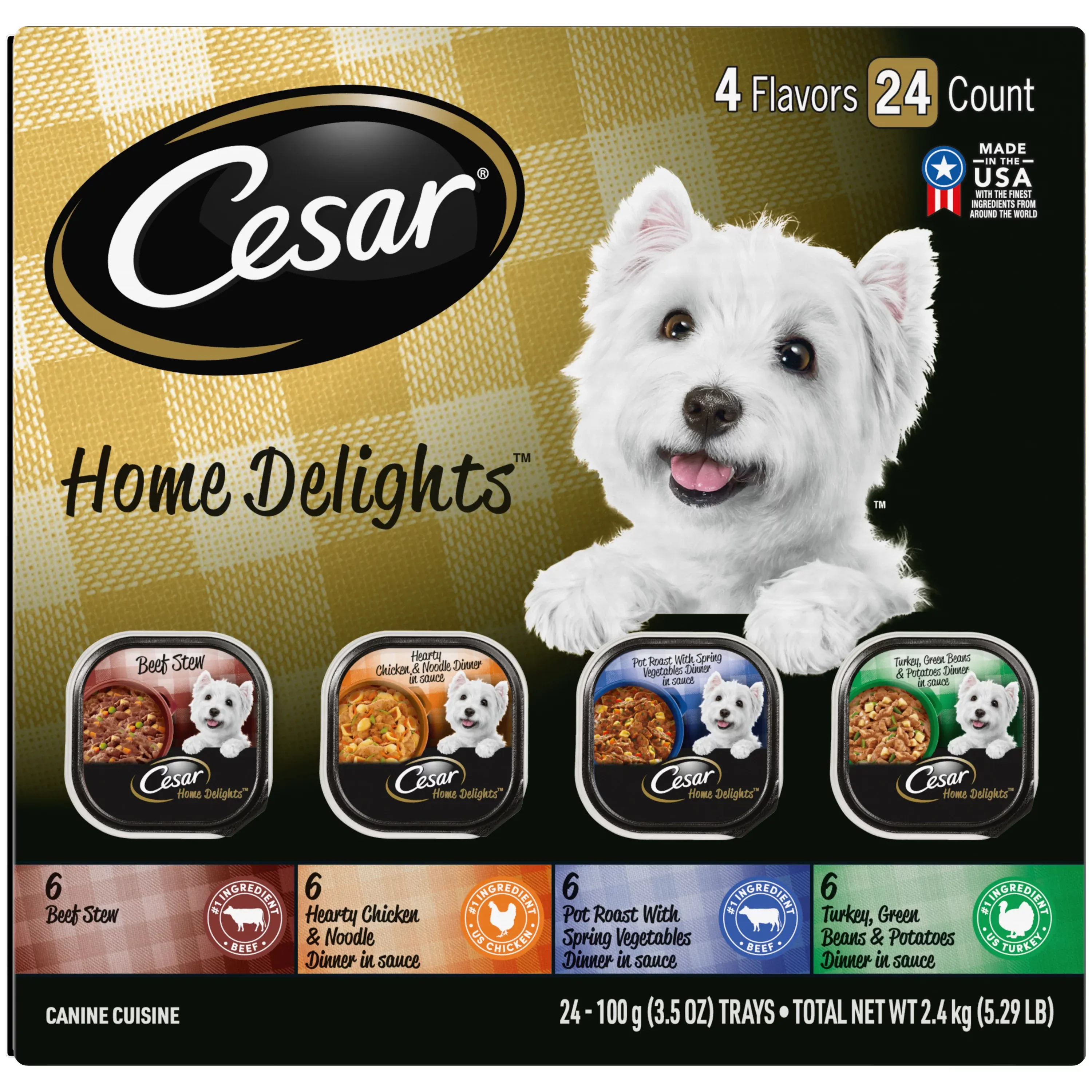 CESAR HOME DELIGHTS Wet Dog Food Pot Roast & Vegetable, Beef Stew, Turkey Potato & Green Bean, & Hearth Chicken & Noodle Variety Pack, (24) 3.5 oz. Trays