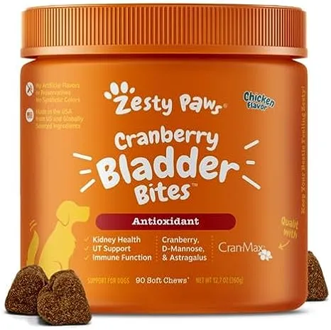 Zesty Paws Cranberry Bladder Bites for Dogs - Kidney & Urinary Tract Health - Soft Chews with D-Mannose, Vitamin B6 & L-Arginine - Immune & Gut Support - Chicken - 90 Count