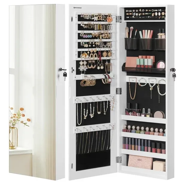 SONGMICS Jewelry Cabinet Armoire, Lockable Wall-Mounted Storage Organizer Unit with 2 Plastic Cosmetic Trays, Full-Length Frameless Mirror, Textured Brown UJJC001X01