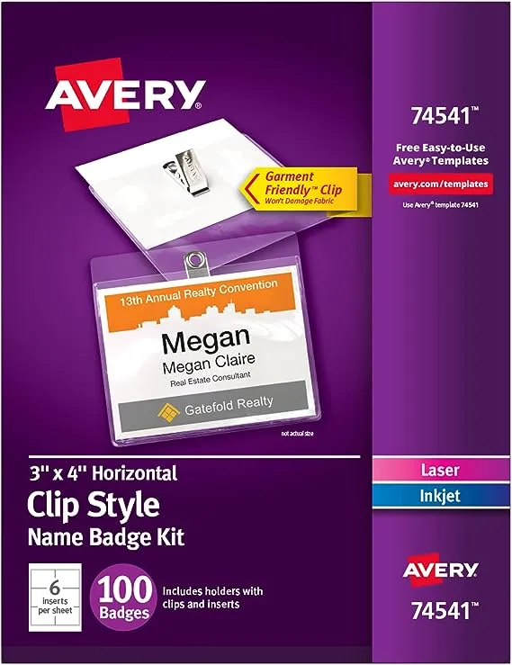 Avery - Clip-Style Name Badge Holder with Laser/Inkjet Insert, Top Load, 4 x 3, White, 100/Box