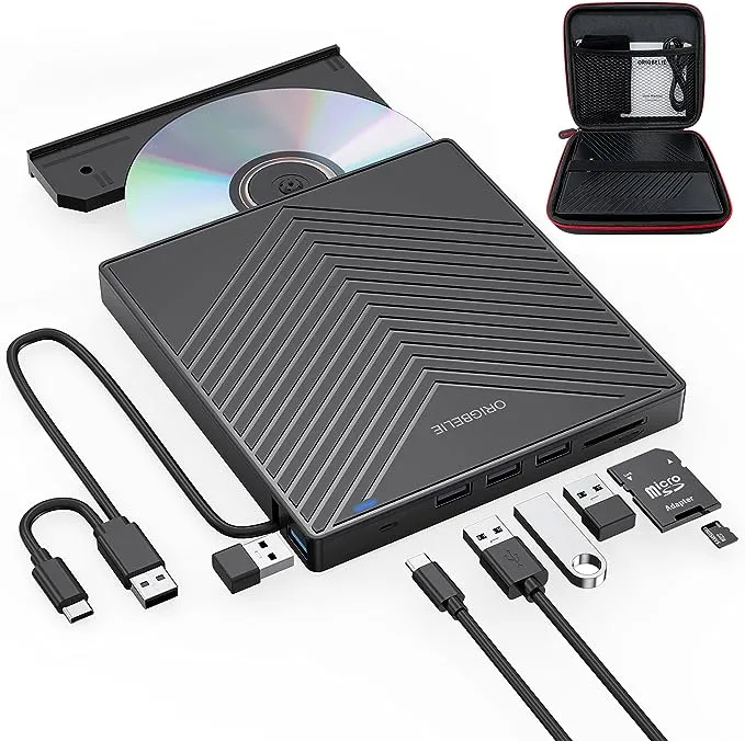 ORIGBELIE External DVD Drive, CD Drive USB 3.0 Typle C CD/DVD ROM +/-RW Adapter with USB Port DVD Burner for Laptop PC Desktop Computer, Optical Disk Drive CD Player Compatible with Mac Windows Linux