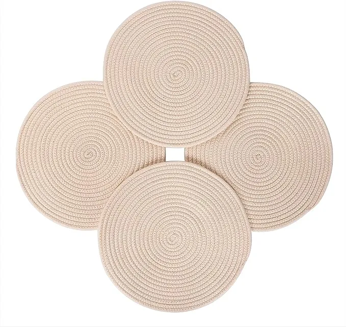 Round Cotton Placemats Set of 4 in Glam by Beets & Berry, 13 inch Diameter, Plate Mat, Pot Holders, Hot Pads, Hot Mats, 100% Eco Pure Cotton, Boho, Farmhouse, Mid Century Modern, Kitchen Decor