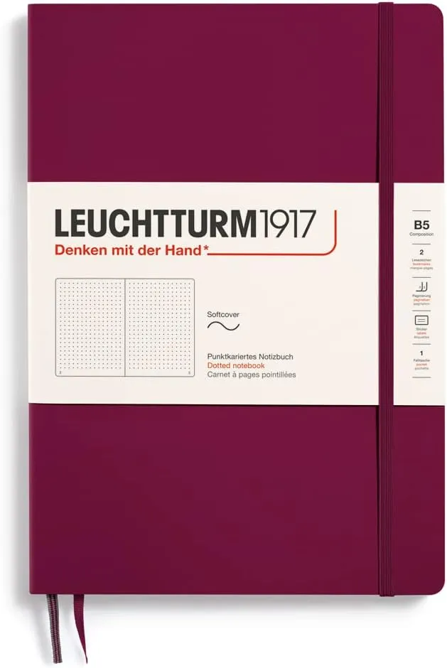 LEUCHTTURM1917 - Notebook Softcover Composition B5-123 Numbered Pages for Writing and Journaling (Dotted, Port Red)