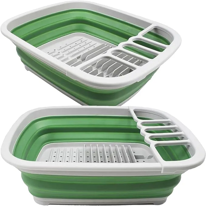 SAMMART 8L (2.11Gallons) Collapsible Plastic Dish Drainer - Foldable Drying Rack Set - Portable Dinnerware Organizer - Space Saving Dishes and Utensil Kitchen Storage(Grey/Slate Grey)