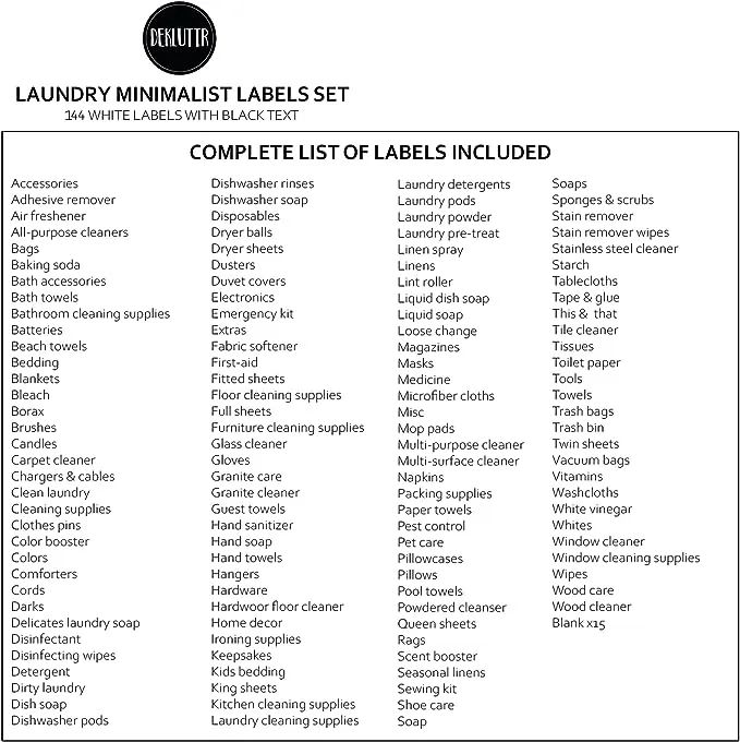 144 Minimalist Laundry Labels for Organizing Linen, Storage, and Laundry Room Preprinted Organization Labels for Storage Bins Containers and Jars