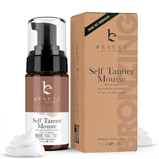 Beauty by Earth Self Tanner Mousse - Fair to Medium Gradual Self Tanner Foam, Sunless Tanner, Natural Self Tanner Mousse, Self Tanning Mousse Light, Vegan Tanning Mousse