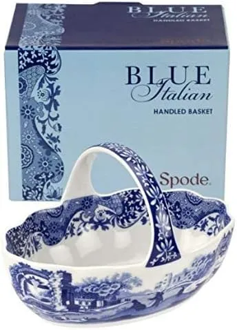 Spode Blue Italian Handled Basket | Fruit Bowl | Centerpiece for Potpourri | Home Décor | Made of Porcelain | Measures 6-Inches | Dishwasher Safe (Blue/White)