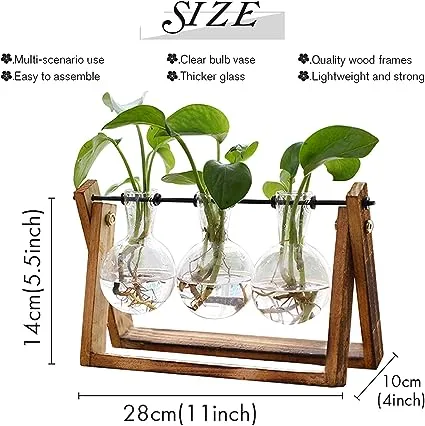 XXXFLOWER Plant Terrarium with Wooden Stand, Air Planter Bulb Glass Vase Metal Swivel Holder Retro Tabletop for Hydroponics Home Garden Office Decoration - 3 Bulb Vase