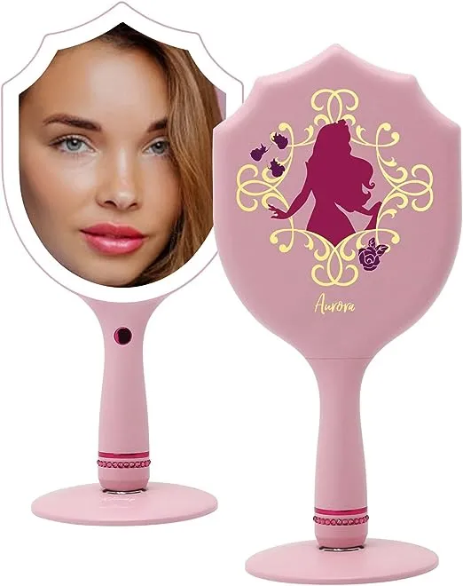 Impressions Vanity Handheld LED Modern Makeup Mirror, Disney Princess Jasmine Lighted Mirrors with Standing Base, Shimmer Button, and 3 Color Modes for Travels or Bedroom