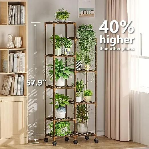 Bamworld Plant Stand with Wheels for Tall Flower Shelf (9 pots WW)