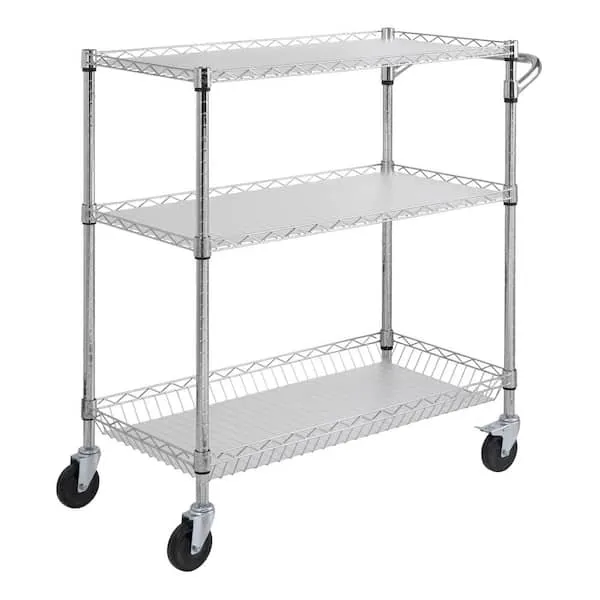 VEVOR Kitchen Utility Cart, 3 Tiers, Wire Rolling Cart with 661 LBS Capacity, Steel Service Cart on Wheels, Metal Storage Trolley with 80 mm Deep Basket Curved Handle PP Liner 6 Hooks, NSF Listed