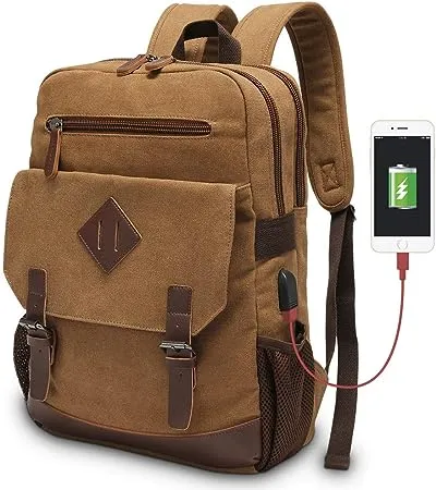 Canvas Backpack for Men Women, Vintage Rucksack Fits Most 15.6 Inch Laptop, Bookbag with USB Charging Port, Brown