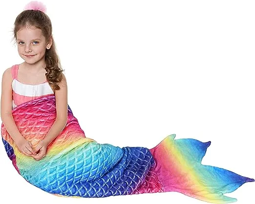 Kids Mermaid Tail Blanket, Super Soft Plush Flannel Sleeping Snuggle Blanket for