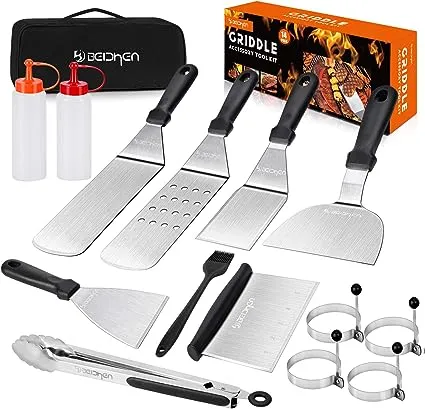 Beichen Griddle Accessories Kit, 14 Pcs Stainless Steel Griddle Grill Tools Set Blackstone and Camp Chef, Professional Grill Spatula Set for Men Women Outdoor BBQ and Camping