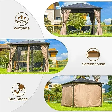 Domi 8’ x 8’ Hardtop Gazebo Outdoor Aluminum Gazebo w/Curtains and Net, Gray