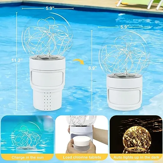 DeeprBlu Pool Chlorine Floater with Solar Ball Light Floating Chlorine Dispenser for 3'' Chlorine Tablets