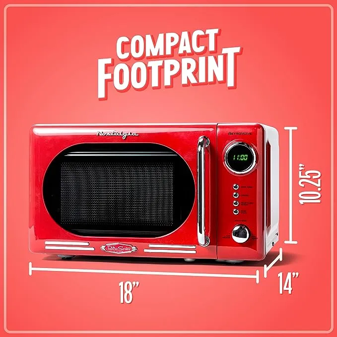 Nostalgia Retro Compact Countertop Microwave Oven, 0.7 Cu. Ft. 700-Watts with LED Digital Display, Child Lock, Easy Clean Interior, Red