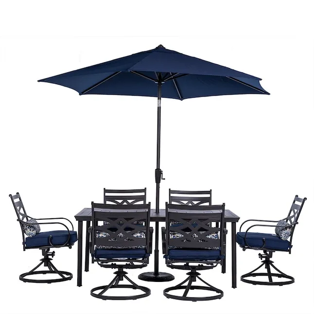 Hanover Montclair 7-Piece Dining Set in Navy Blue with 6 Swivel Rockers, 40-in. x 66-In. Dining Table and 9-ft. Umbrella