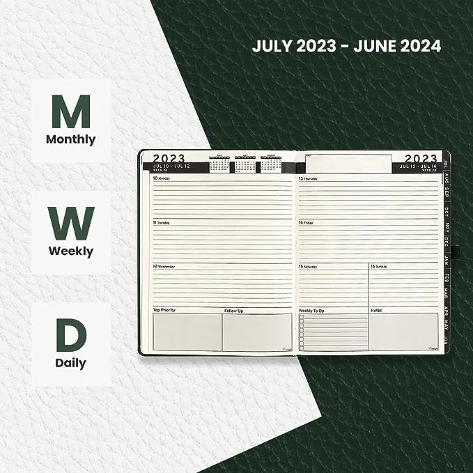 HARDCOVER Daily Leather Planner Weekly Monthly - 8.5x11 - Ensight Academic Planner Business Personal or Student - Pen Holder, Bookmark, Notes Pages, Thick Paper, July 2024 - June 2025 (Dark Green)