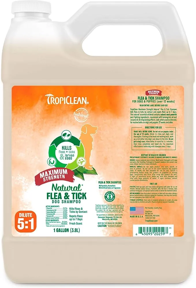 TropiClean Maximum Strength Natural Flea and Tick Dog Shampoo for Flea and Tick Prevention for Dogs, Made in the USA, 20oz