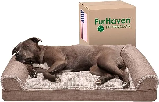 FurHaven Pet Products Luxe Fur & Performance Linen Orthopedic Sofa-Style Pet Bed for Dogs & Cats - Woodsmoke, Large