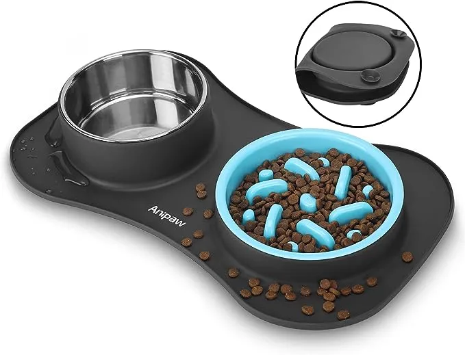 Anipaw Slow Feeder Dog Bowls 3 in 1 Stainless Steel Dog Food and Water Bowls with Non-Spill Non-Skid Silicone Mat to Slow Down Eating for Large Medium