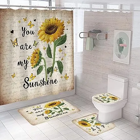 CILPIR Sunflower Shower Curtain Sets with Rugs 4PCS, You are My Sunshine Bathroom Curtains Shower Decor Set with Non-Slip Rug, Toilet Lid Cover and Bath Mat, Shower Curtain Sunflower with 12 Hooks