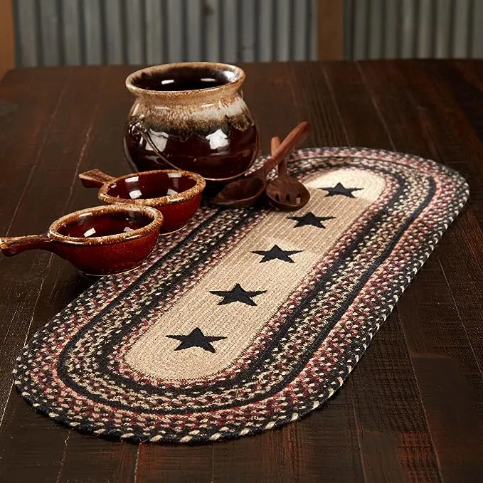 VHC Brands Primitive Colonial Star Table Runner, Tan Black Red, Jute Blend, Rectangle, 13x36 Inches