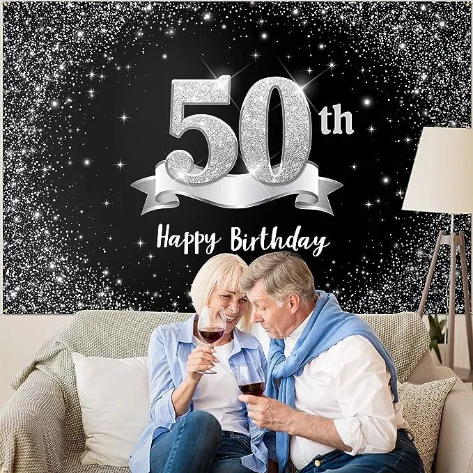 HAMIGAR 6x4ft Happy 50th Birthday Banner Backdrop - 50 Years Old Birthday Decorations Party Supplies for Women Men - Black Silver