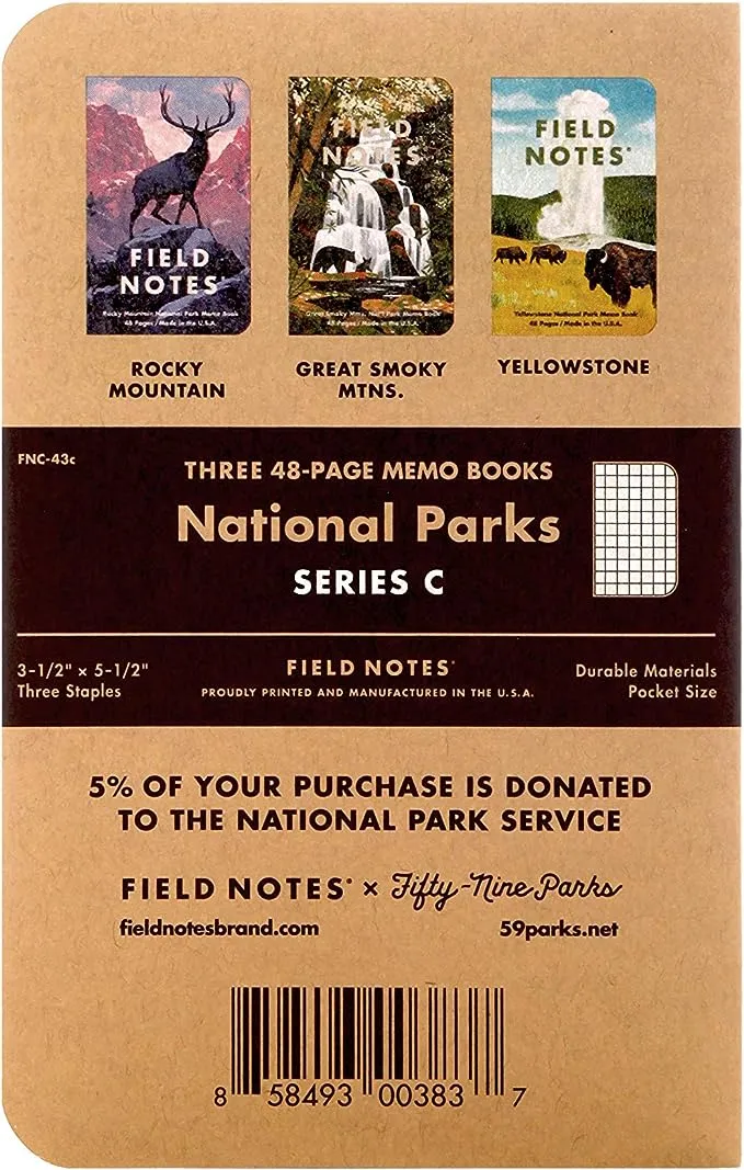 Field Notes: National Parks Series (Série C – Rocky Mountain, Great Smoky Mountains, Yellowstone) – Livro de notas em papel quadriculado – 3,5 x 5,5 polegadas