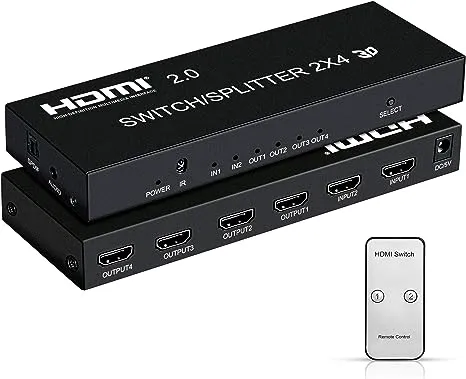 4K@60Hz HDMI Switch Splitter 2 in 4 Out with Remote, 2x4 HDMI Splitter Switch...