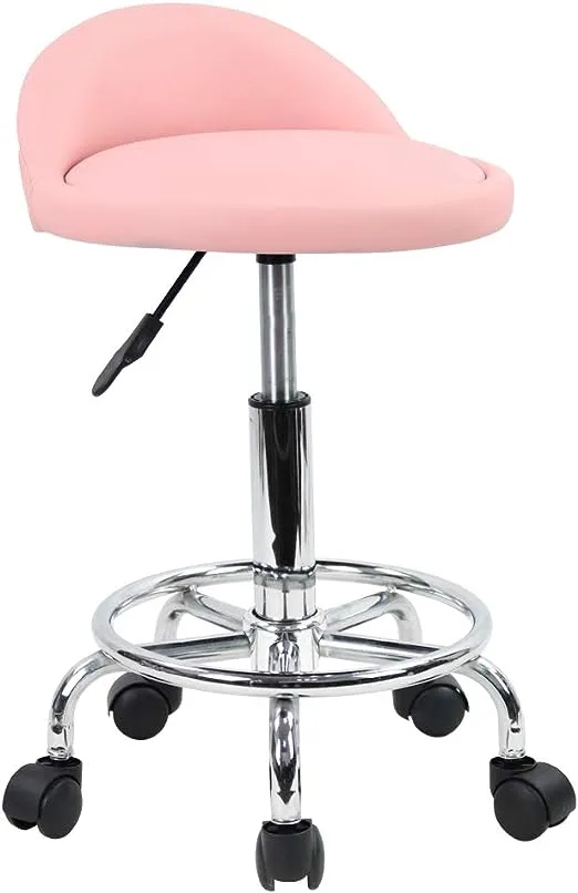 KKTONER PU Leather Round Rolling Stool with Foot Rest Height Adjustable Swivel Drafting Work SPA Task Chair with Wheels (Pink)