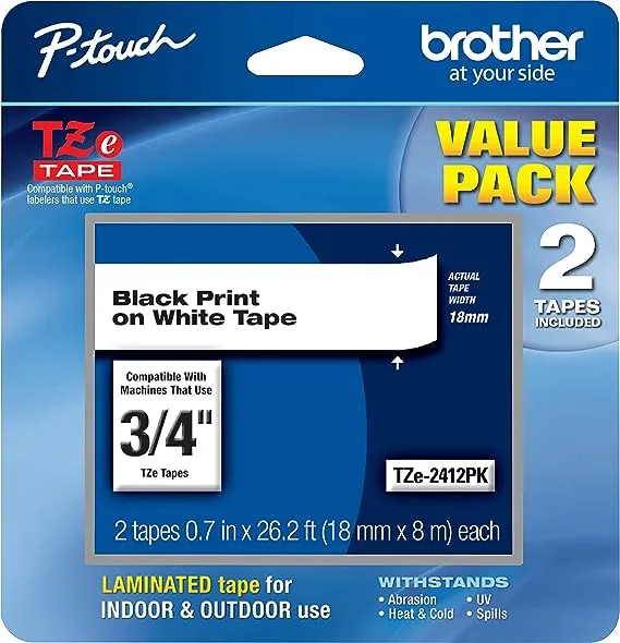 Brother TZe Standard Adhesive Laminated Labeling Tape Black On White 2/Pack