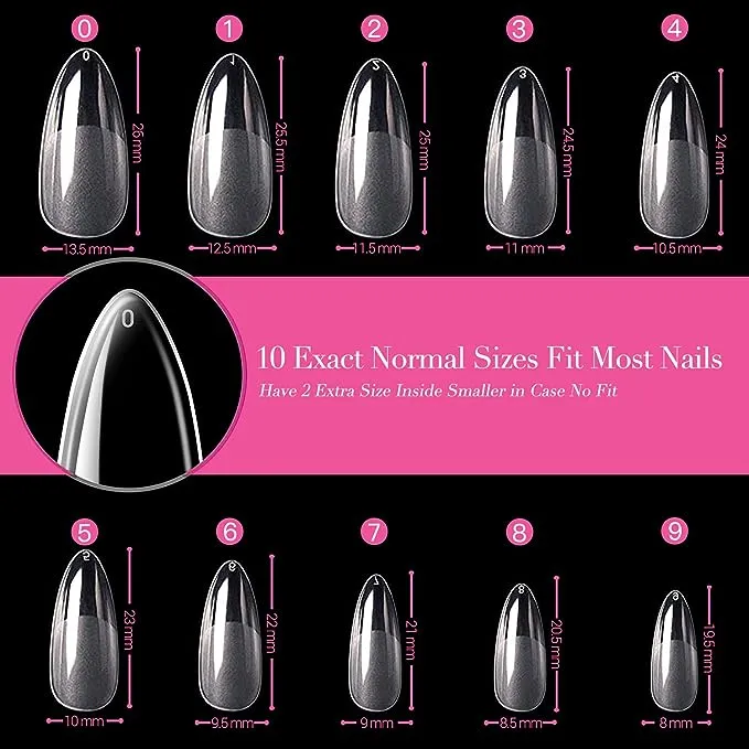 Una Gella Nail Tips for Medium Almond Extensions, 504pcs Pre Etched Soft Gel x Fake Nails Tips Almond Shape Full Cover -12 Sizes Acrylic Press On Nai