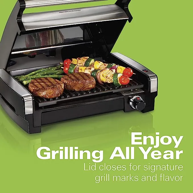 Hamilton Beach Electric Indoor Searing Grill with Viewing Window & Adjustable Temperature Control to 450F, 118 sq. in. Surface Serves 6, Removable Nonstick Grate, Stainless Steel