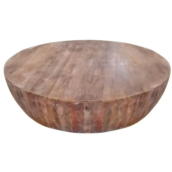 The Urban Port Arthur Handcarved Drum Shape Round Top Distressed Wooden Coffee Table