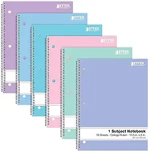 Better Office Products Spiral Notebooks, 6 Pack, 1 Subject, 70 Sheets, 10.5 x 8 inches, 6 Assorted Pastel Colors (College Ruled)