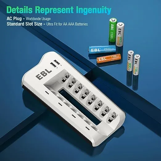 EBL Smart 8 Bay AA AAA Battery Charger for NiMH NiCd Rechargeable Batteries Build-in 2 USB Fast Charging Ports