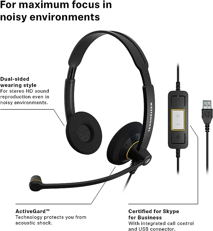 EPOS Sennheiser Consumer Audio SC 60 USB ML (504547) - Double-Sided Business Headset | For Skype for Business | with HD Sound, Noise-Cancelling Microphone, & USB Connector (Black)