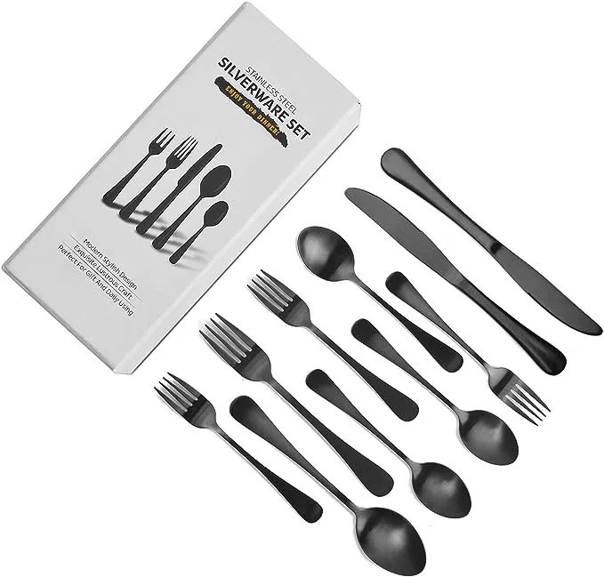 Matte Black Silverware Set for 8, 40 Pieces Heavy Duty Stainless Steel Flatware Set Utensils Cutlery Tableware Set Including Steak Knife Fork and Spoon, Gift Package for Wedding Housewarming