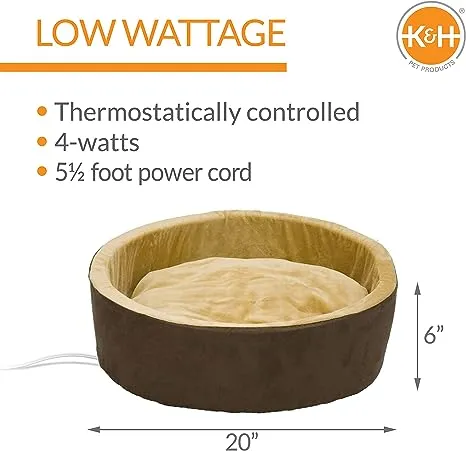 K&H Pet Products Heated Cat Bed Thermo-Kitty Bed, Heated Pet Bed for Indoor Cats and Small Dogs, Electric Thermal Plush Warming Pet Bed, Calming Cat Heating Bed, Large 20 Inches Round Mocha/Tan