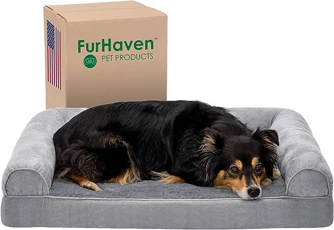 Furhaven Orthopedic Dog Bed for Large/Medium Dogs w/ Removable Bolsters & Washable Cover, For Dogs Up to 55 lbs - Plush & Woven Decor Comfy Couch Sofa - Diamond Brown, Large