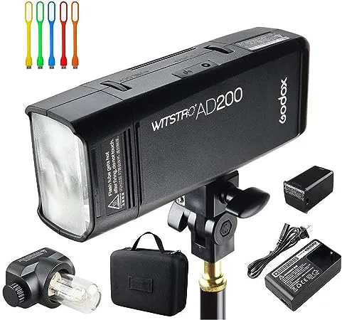 Godox AD200 200Ws 2.4G TTL Speedlite Flash Strobe 1/8000 HSS Monolight with 2900mAh Lithium Battery and Bare Bulb Flash Head to Provide 500 Full Power Flashes Recycle in 0.01-2.1 Second